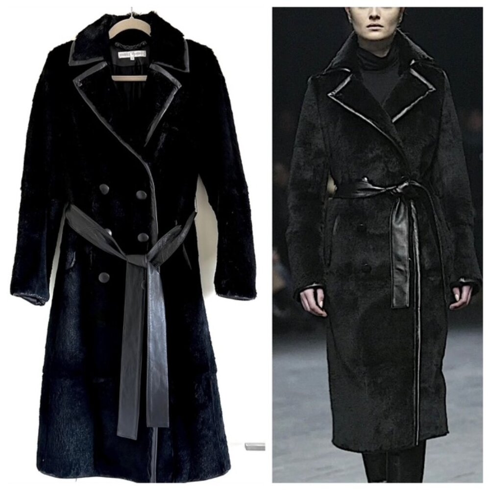 Rare Veronique Branquinho Runway Black Rabbit Fur Leather Trim Belted Coat